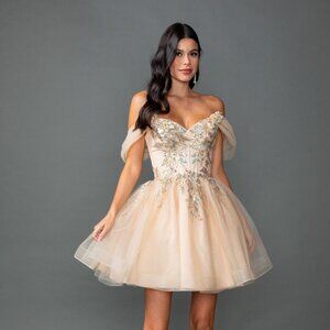 New Champagne Sequins Embellished Homecoming Tulle Gown w/ Lace Up Back DQ 3423